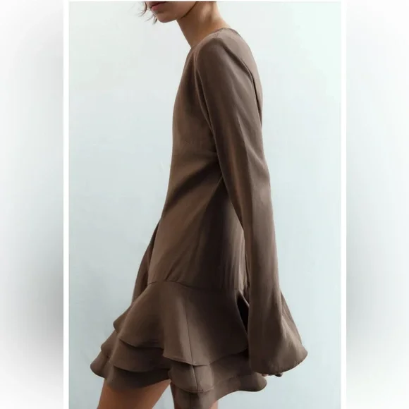 Flowy Ruffled Mini Dress, Chocolate Brown, Zara, M, NWT - Picture 1 of 10